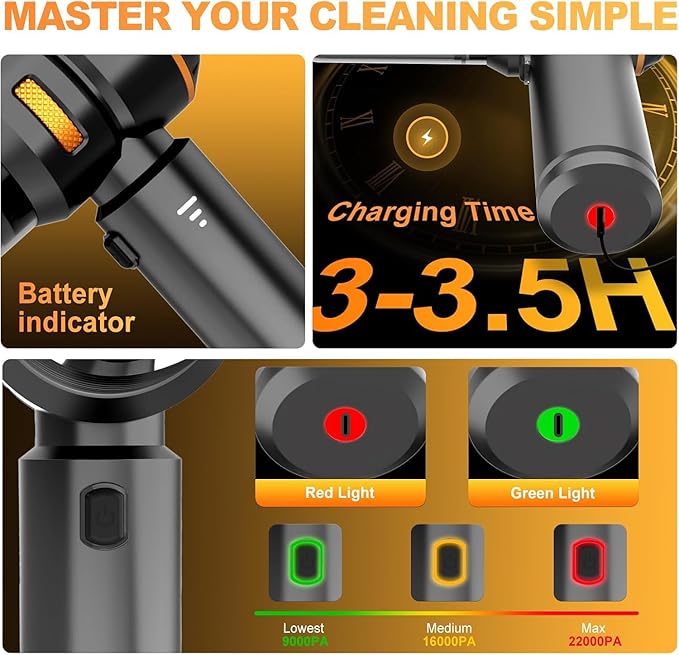 Handheld Car Vacuum Cordless 22000PA Strong Suction Mini Vacuum Cleaner with Brushless Motor 4-in-1 Portable Vacuum for Car Detailing Home Office &amp Travel Black Golden