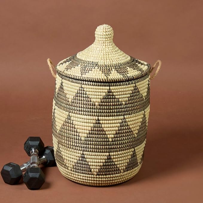 Decorative Basket Black and Beige 12 Inch Wide 14 Inch Tall