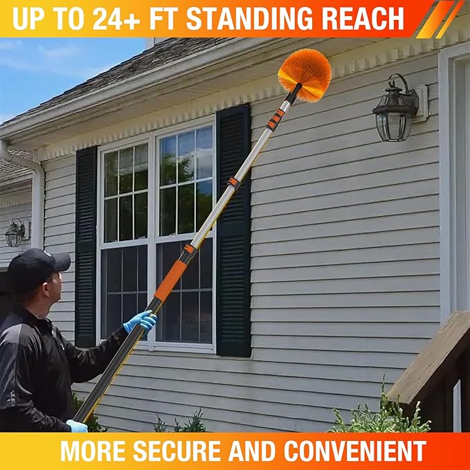 24FT Cobweb Duster with Extension Pole Spider Web Brush for Cleaning Extendable Professional Ceiling and Corner Dusters for Outdoor Indoor Use