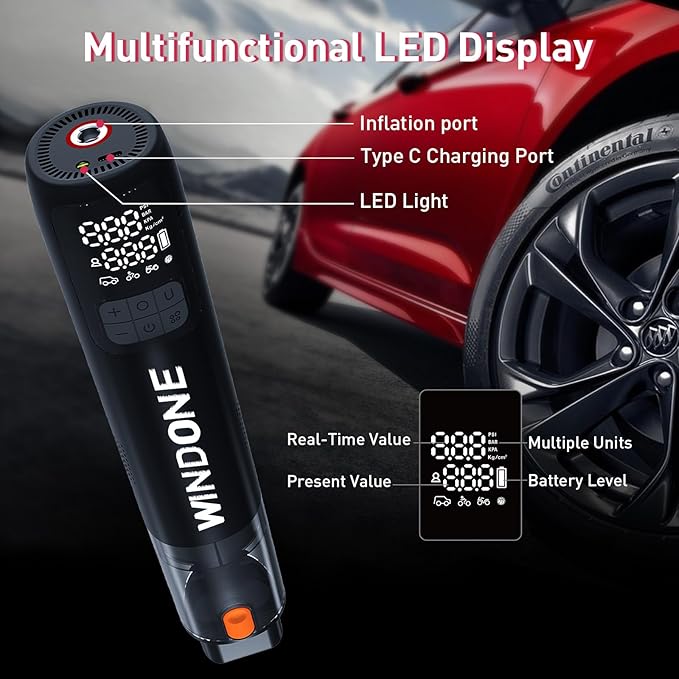 Windone Car Vacuum 12000Pa 2-in-1 Cleaner &amp Tire Inflator 150PSI 60W Brushless Motor Cordless Handheld Vacuum &amp Air Pump with Pressure Gauge LED Light Multi-Nozzles for Car Home Office