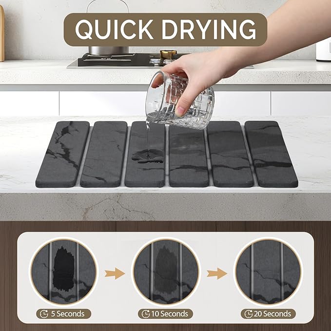 Large Stone Dish Drying Mat for Kitchen Counter 2PCS Quick Dry Stone Dishes MatFoldable Water Absorbing Diatomaceous Drying Organizer Pad for Plate Rack Bottles Utensils(Dark Gray 16x12 &amp 8“x4