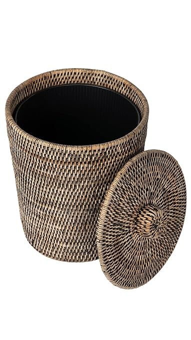 Kouboo La Jolla Rattan Round Waste Basket with Lid &amp Plastic Insert Black Wash