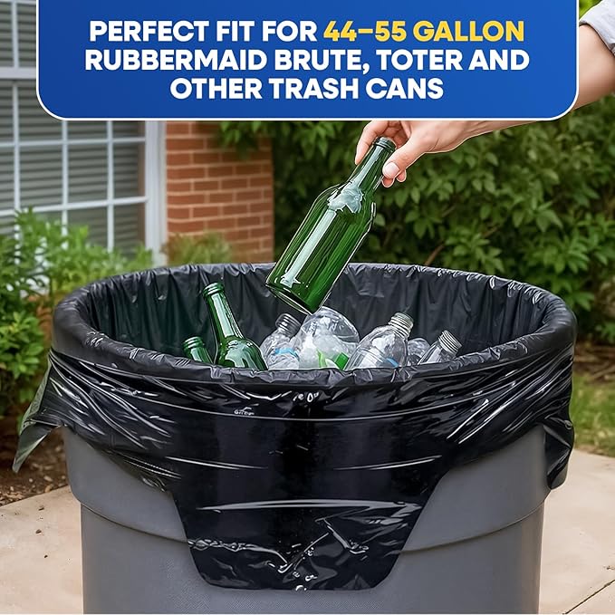 55-65 Gallon Trash Bags with Flap Ties 2 Mil Heavy Duty Fits Rubbermaid Brute Rollout 32-55 Gal Trash Cans 43 x 49 Large Durable Garbage Trash Can Liners Black 20 of Pack