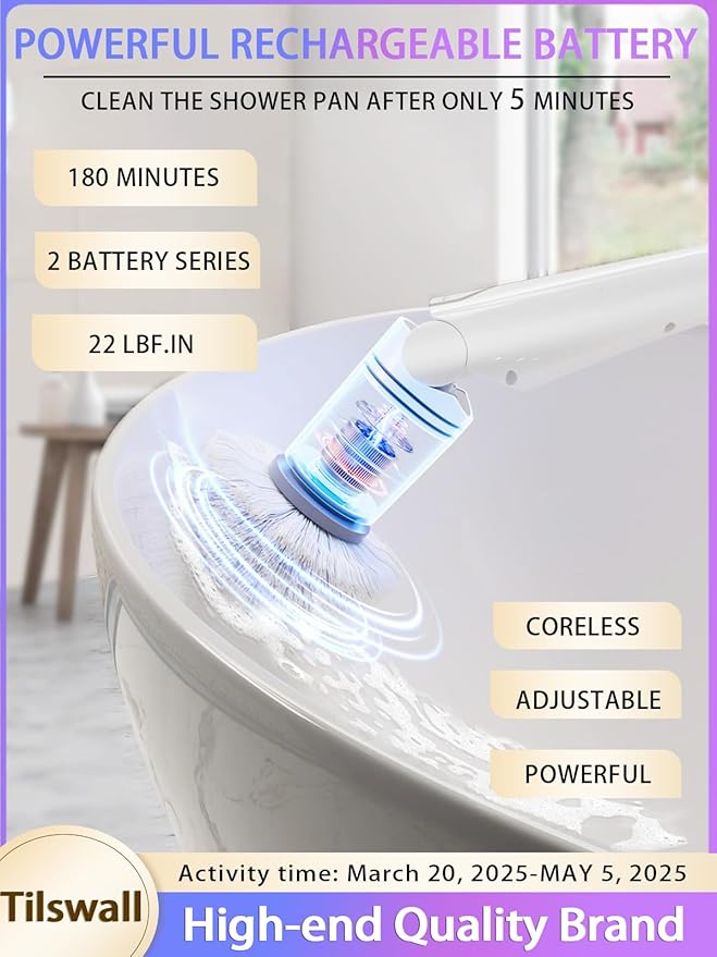 Tilswall Cordless Electric Spin Scrubber - IPX7 Waterproof Cleaning Brush with 180Min Runtime &amp 43 Extendable Handle Ideal Gift for Home/Bathroom/Car (Includes 4 Brush Heads)
