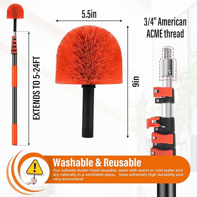 30FT Reach Cobweb Duster with Extension PoleSpider Web Brush for Cleaning with 5-24FT Telescoping Pole5-Stage Lightweight &amp Sturdy Telescopic Web Cobweb Duster Pole for Outdoor Indoor Use