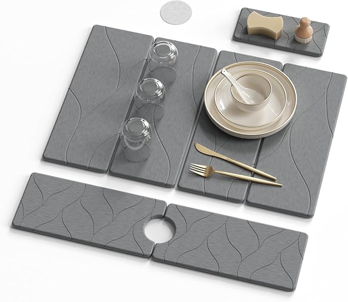 3 PCS Large Stone Dish Drying Mat for Kitchen Counter -24x16 Absorbent Diatomaceous Earth Mat with Stone Faucet Mat &amp Soap Tray - Quick Dry Collapsible Non-Slip Countertop Organizer