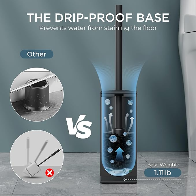 FORIOUS Toilet Brush and Holder Set Heavy Duty 304 Stainless Steel Base Square and Long Handle for Bathroom Deep Cleaning Drip-Proof Space Saving for Storage 2 Toilet Bowl Brush Head Black