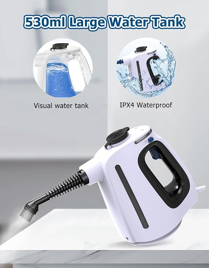 Handheld Steam Cleaner 9.8FT Power CordSteamer for Cleaning with 11 Accessories 15 Seconds Fast Heating High Temperature Cleaning 530Ml Capacity Steam Cleaner for Washroom Kitchen and Car