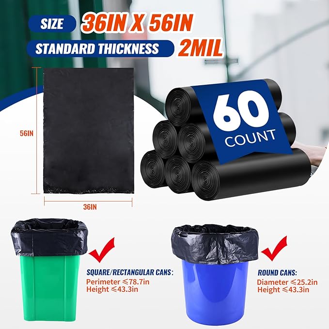 AROIC 55-60 Gallon Contractor Garbage Bags 60 Count 2 Mil Heavy Duty Large Trash Bags - Sturdy &amp Tear Resistant Black Trash Bag for Outdoor Commercial Industrial Lawn and Leaf Bags