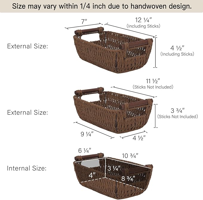 StorageWorks Handwoven Small Wicker Baskets Round Paper Rope Storage Baskets with Wooden Handles Dark Brown 2-Pack