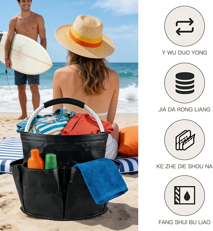 Tool Bucket Organizer 2-Pack 17L Foldable Cleaner Caddy with 6 PocketsHandle for Garden、Family and Bathroom Can Also be Used as a Beach Basket or Shopping BasketBlack+Navy Blue