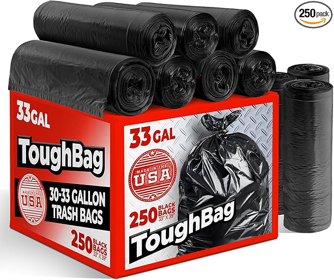 ToughBag 30-33 Gallon Trash Bags Heavy Duty 32 x 38 Black Garbage Bags (250 COUNT) – 30+ 32 Gallon Trash Bags - Made In USA