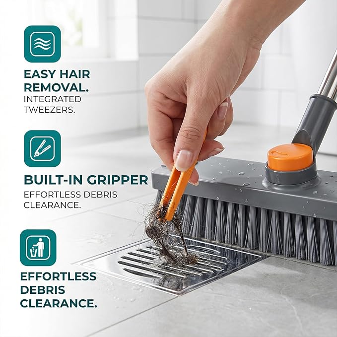 3 in 1 Floor Scrub Brush with Telescopic Handle Stiff Bristle &amp Silicone Scraper Shower Scrubber 360° Rotating Scrub Brush for Tile Bathroom Patio Kitchen Wall Deck Tub Cleaning