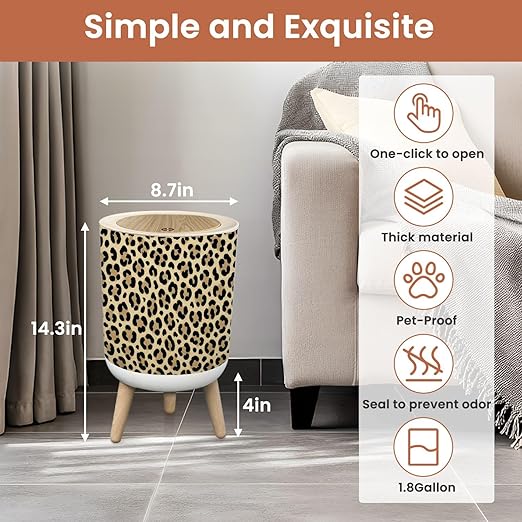 Bathroom Trash Can with Lid Leopard Design Garbage Bin Waste Basket for Kitchen Office Bedroom Decoration Diaper Pail 1.8 Gallon