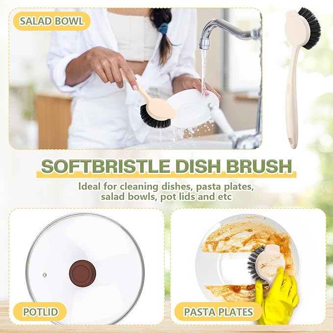16 Pack Dish Brush with Handle Dish Scrubber Brush with Built-in Scraper Kitchen Scrub with Stiff Bristles Long Scrubber for Home Restaurant Pot Sink Washing Cleaning Supplies Beige