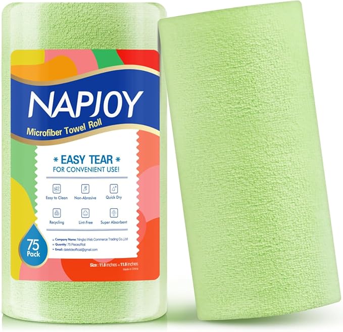 Napjoy Microfiber Cleaning Cloth Roll 75PK Easy Tear Away Reusable Paper Towels 12 x 12 Lint-Free and Scratch-Free with Patented Fiber Technology Microfiber Towel Roll Green