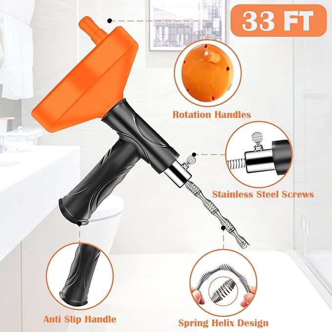 Drain Snake Auger（33 Feet） Plumbing Snake Drain Hair Clog Removal Tool Heavy Duty Snake Auger Sink Unclogger Drain Cleaner Tool for Bathroom Kitchen Tub Shower Drain Clog Remover with Gloves