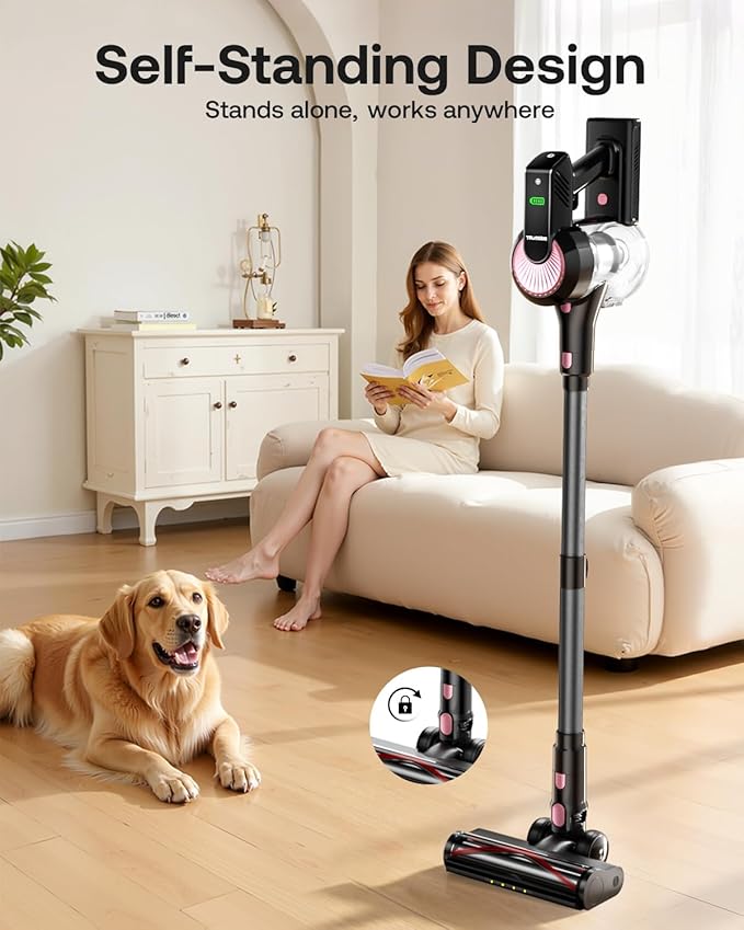 Cordless Vacuum Cleaner Self-Standing 40Kpa 45Mins Vacuum Cleaners for Home 8-in-1 Lightweight Stick Vacuum with Anti-tangle Wireless Vacuum for Carpet Tile Pet Hair Hardwood Floors Black
