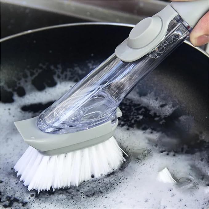 Refillable Liquid Cleaning Brush Kitchen Bowl Scrubber Cleaning Sponge Long Handle Dispenser Cleaner Tool With Dish Soap Washing(4)