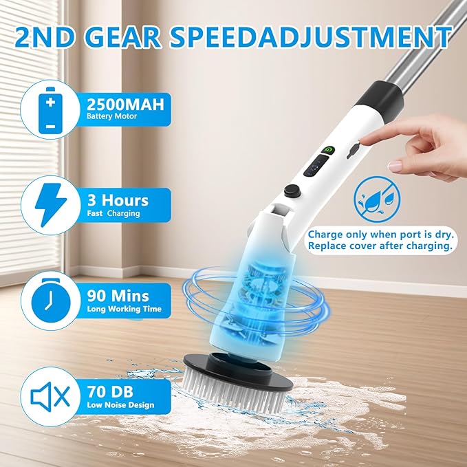 Electric Spin Scrubber Hillyfe Bathroom Scrubber Electric with 7 Replaceable Brush Heads IPX7 Waterproof300/400 RPM 3 Adjustable LengthScrubber Brush Electric for Bathtub FloorWhite