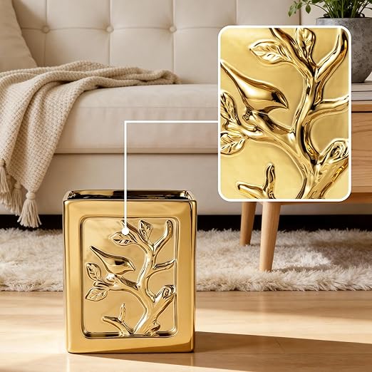 Gold Bathroom Trash CanLuxury Ceramic Hand Carved Decor Garbage Can1.32 Gallon/5 Liter Stylish Small Waste Basket for BathroomOfficePartyRoom