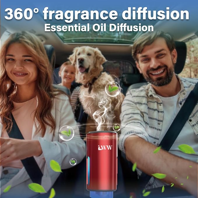 LWW Smart Car Air Freshener - 3 Levels Strength with Ventilation Clip Rechargeable Car Fragrance Atomizer - with 8 10ml Bottles of Fragrance Long Lasting Oil Diffuser (Red)