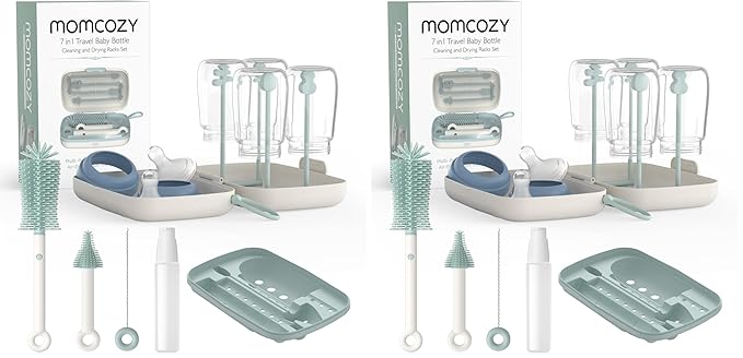 Momcozy Bottle Brush Set - Baby Bottle Cleaner Kit with Silicone Brush Nipple Brush Straw Brush Soap Dispenser Drying Rack - 7 in 1 Bottle Cleaning Tool for Home and Travel Green (Pack of 2)