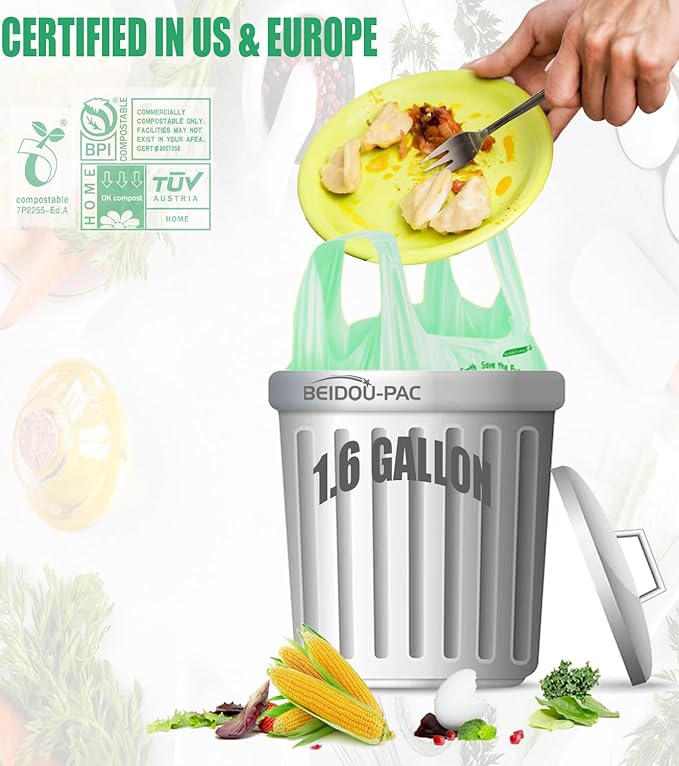 1.6 Gallon Compostable Trash Bags with Handle 250 Count Small Compost Bags Biodegradable Kitchen Garbage Bags Food Scrap Waste Bags for Countertop Bin ASTM D6400 US BPI Certified