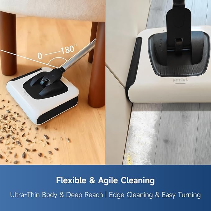 FMART FM-009 Cordless Electric Floor Sweeper — Lightweight One-Hand Operation with Flexible Handle Quiet Design Powerful High-Speed Edge Brush for Hard Floors Corners &amp Low-Pile Carpets