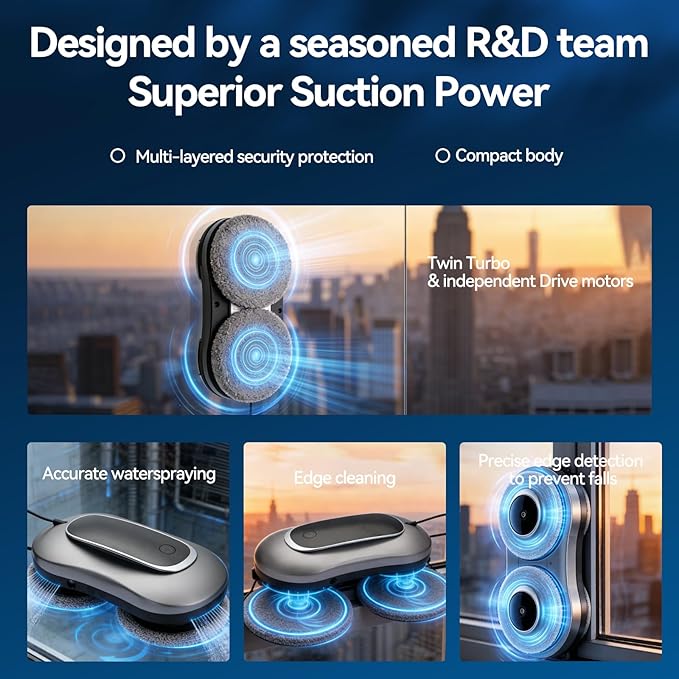 Window Cleaning Robot X11 Pro with Dual-Spray System 70ml Water Tank 3000Pa Strong Suction Auto Edge Detection 2 Cleaning Modes Remote Control for Frameless &amp Framed Glass
