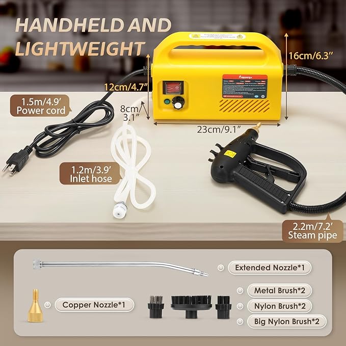 Pressurized Steam Cleaner Tankless 1500W Handheld Steamer for Cleaning Grout Tile Hand Held Portable Steam Pressure Washer for Home Kitchen Bathroom Car Auto 110V(Yellow)