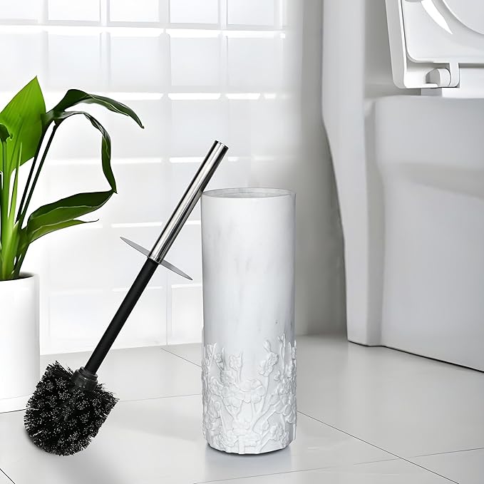 Marble Cherry Blossom Design Resin Toilet Brush and Holder Set for Bathroom Stylish Design with Durable Bristles and Compact Storage