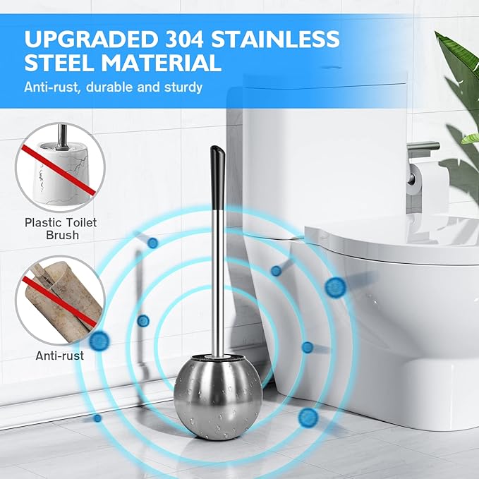 Toilet Brush and Holder 2 Pack 304 Stainless Steel Toilet Brush with Extended and Durable Comfortable Brush Handle Toilet Bowl Brush for Bathroom Toilet - Ergonomic Pratical Durable