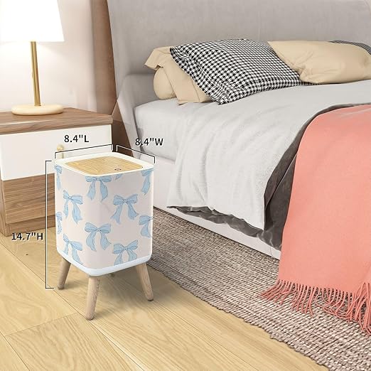 Trash Can with Lid Seamless pattern cute blue bows Trendy hair braiding accessory Hand Garbage Can Rectangular Waste Bin Press Cover Dog Proof Wastebasket for Kitchen Bathroom Living Room Nursery