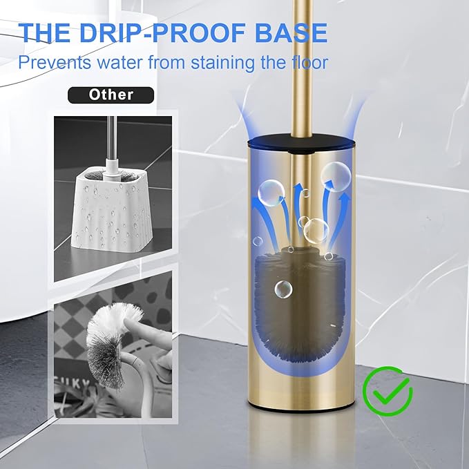 304 Stainless Steel Toilet Bowl Brush and Holder Set Circular Floor Toilet Brush Holder Long Handle Bathroom Heavy-Duty Cleaner High-End Cylinder Wall2 Brush Head (Brushed Gold) YIGUANXIN