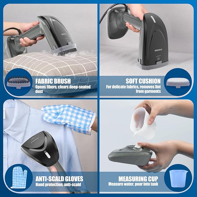 Powerful Handheld Fabric Steamer - 1800W with Fast Ceramic Heat-Up Plate 2-in-1 Ironing &amp Wrinkle Remover Steam Nozzle Lint Brush - Gray for US 120V Only