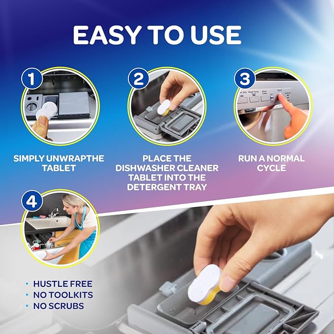 Dishwasher &amp Garbage Disposal Cleaner Tablets Duo 48 Count Septic Safe Deep Clean Kit - Limescale &amp Odor Remover Lemon Scent All Models Compatible - 1 Year Supply