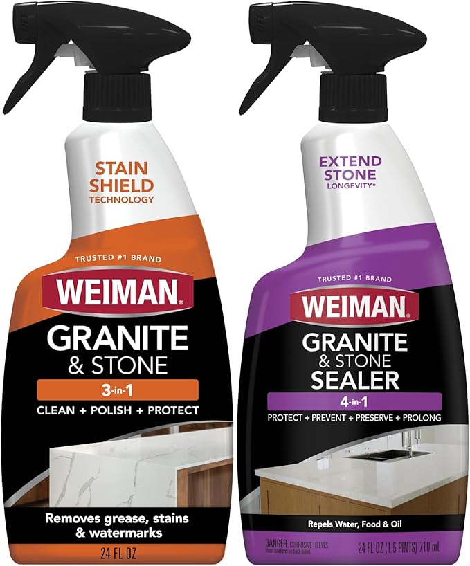 Weiman Complete Countertop Clean &amp Protect Kit - For Granite Marble Quartz &amp Stone - Granite &amp Stone Cleaner and Polish - 24 oz Granite &amp Stone Sealer -24 oz