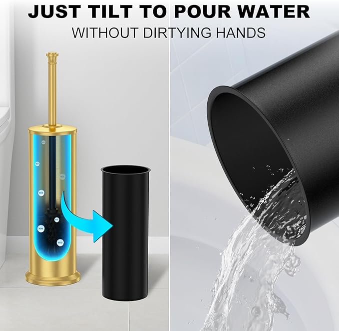 Brass Toilet Brush and HolderLong Handled Gold Toilet Brush for BathroomStainless Steel Heavy Duty Toilet Bowl BrushRemovable Inner BowlDeep Cleaning Dense Bristles Cleaner Brush -Space Saving