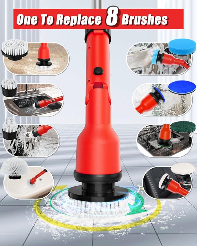 Electric Spin Scrubber Compatible for Milwaukee 18V Battery(Battery NOT Included) 1000 RPM Battery Powered Scrubber with Adjustable Extension Arm &amp 8 Brushes &amp Gloves for Tub/Tile/Floor
