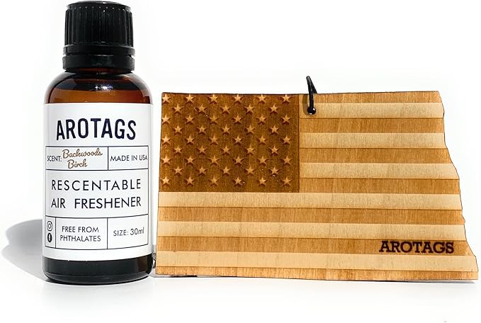 Arotags Car Air Freshener - Reusable Wood Diffuser - Hanging Odor Eliminator - North Dakota Patriot - Backwoods Birch Scent