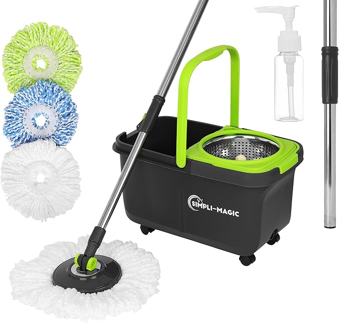 Simpli-Magic 360° Spin Mop and Bucket with Wringer – 3 High-Absorbent Microfiber Washable Heads Soap Dispenser – Spinning Mop and Bucket Set for All Types Floor Cleaning