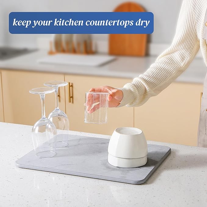 Quick Dry Stone Drying Mat for Kitchen Counter Water-Absorbent Diatomaceous Dish Drying Mats Multi-Purpose Stone Drying Tray for Cups Dishes Bottles