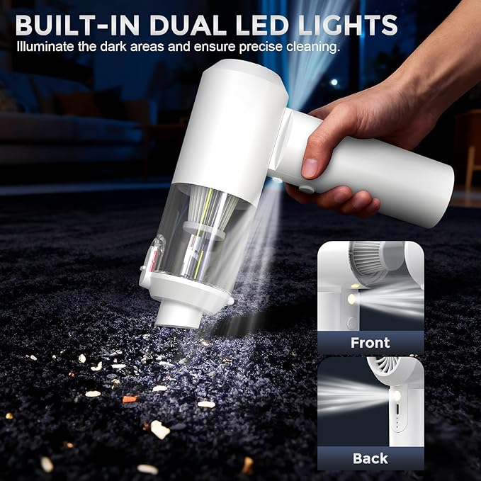 Car Vacuum Cordless: 12000Pa 2 in 1 Handheld Vacuum &amp Blower - Hand Vacuum Portable Cordless with Led Light Multi-Nozzles for Car Home Office Pet Hair White