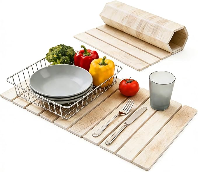 Dish Drying Mats Large 24x16 Inch Diatomaceous Earth Drying Mat / Fast-AbsorbingNon-Slip Stone Drying Mat For Kitchen Counter / Eco-Friendly for Dishes(Dark wood grain)