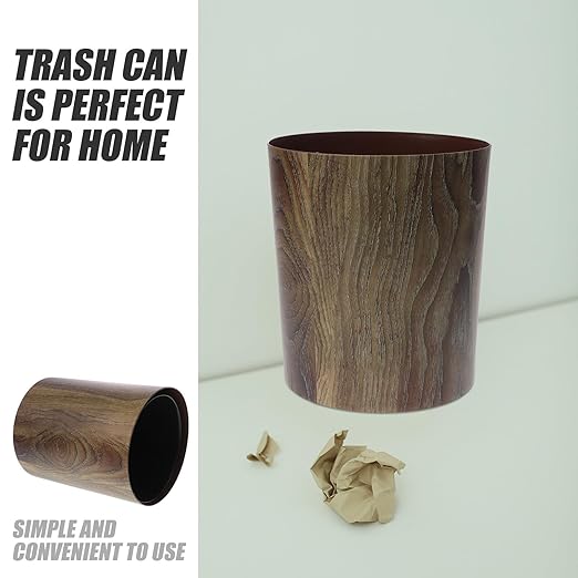 Housoutil Imitation Wood Grain Trash Can 8L Large Capacity Round Wastebasket Sturdy Kitchen and Bathroom Garbage Bin for Home Office Hotel Use