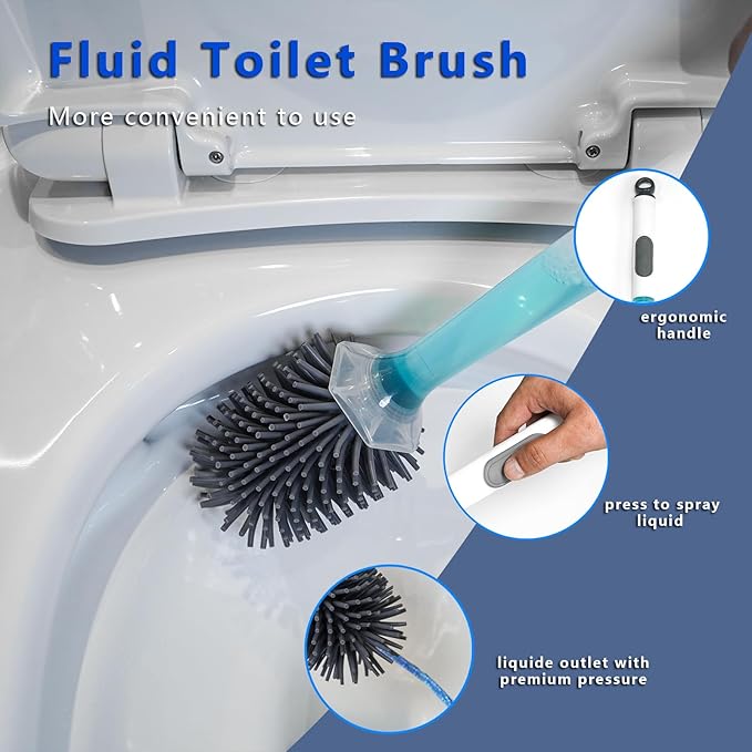 Silicone Toilet Brush and Holder Set 2 Packs Bendable Toilet Scrubber for Curved Rim Non-Scratch Drip-Resistant Brush with Sprayer Space Saving Bathroom Essentials (2)