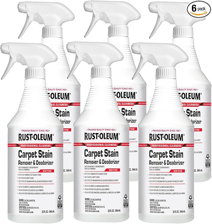 Rust-Oleum Professional Cleaners Carpet Stain Remover &amp Deodorizer | Trigger Spray 32oz Carafe Bottle | Professional Strength | Ready to Use | 6 Pack