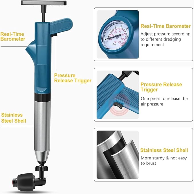 ERICAT Drain Cleaner Machine Electric Drain Unblocker Remover with Anti-Slip Handle Adjustable Air Pressure Range and High-Efficiency Dredging Quick Recovery for Bathroom