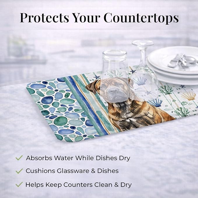 Caroline's Treasures Brindle Boerboel Coastal Sea Glass Dish Drying Mat Absorbent Dish Drying Mat Pad for Kitchen Counter Dish Drainer Mat for Countertop 14 x 21 Multicolor